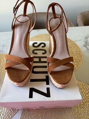 New SCHUTZ Tan Suede Espadrille Wedge Sandals with Ankle Strap